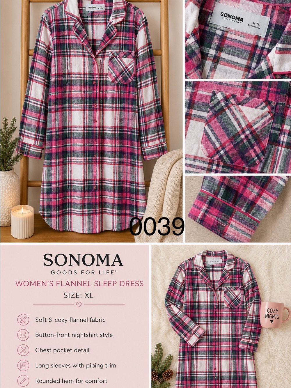 Sonoma Pink White Green Plaid Flannel Sleep Dress
